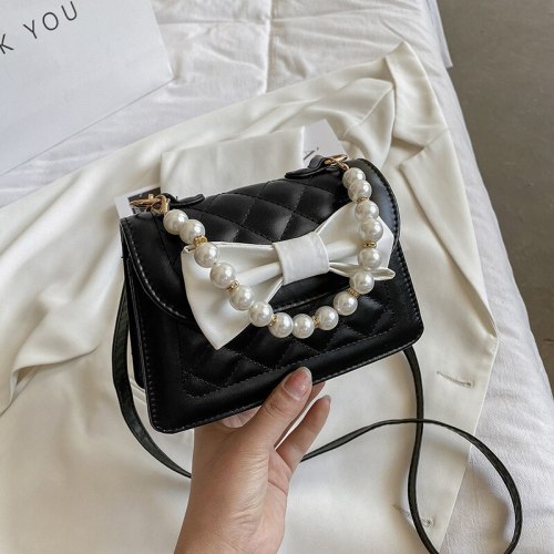 2021 Summer new Korean version of the trendy pearl bow chain handbag fashion rhombus one shoulder messenger pochette femme