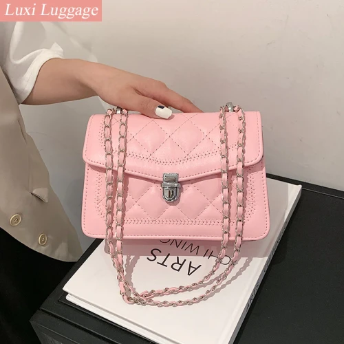 Women Diamond Lattice Chain Flap Bags Handbags Luxury Designer Brand Pu Leather Crossbody Bag Pink Shoulder Messenger Bag