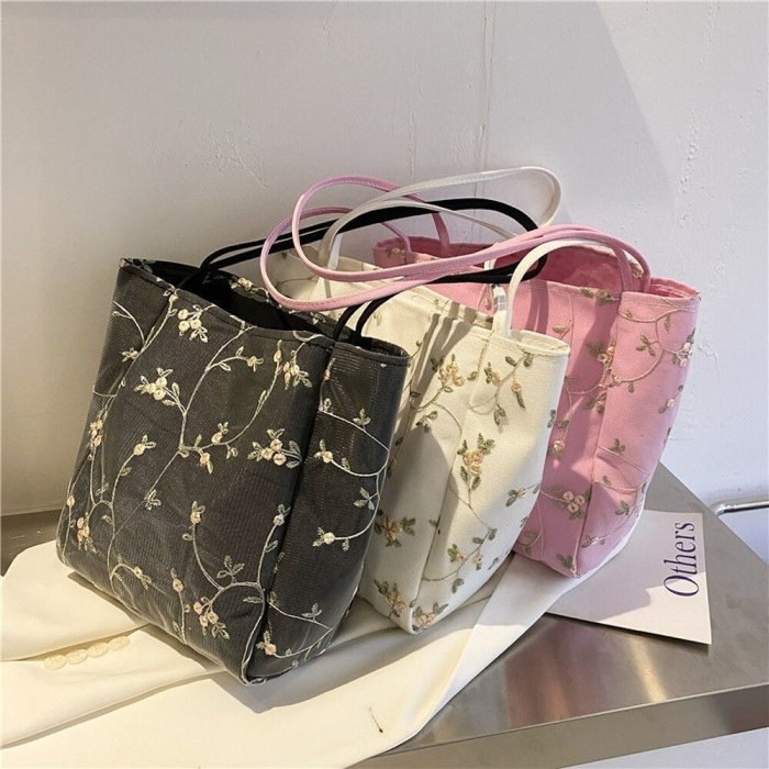 Large Beach Bag for Women Trend 2021 Lace Daisy Woven Handbag Purses Daily Shopper Tote Silk Scarves Bowknot Shoulder Bag