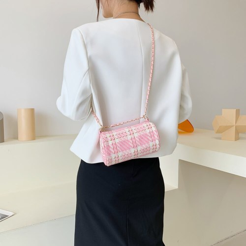 Women's Shoulder Bag Trend 2021 Plaid Printing Handbag Woolen Cloth Cylindrical Shoulder Crossbody Bag Ladies Chain Mini Purse