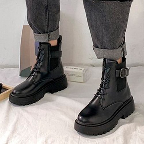 Women's Chelsea Boots Chunky Heel Lace-up Women Shoes Leather Fashion Ankle Boots Plus Size 2021 Winter Autumn Short Boot
