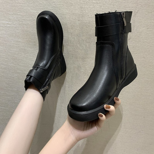 Fashion Keep Warm Boots for Women Winter New Round Toe Side Zipper Martin Boot Woman Casual Mid Tube PU Leather Women Boots