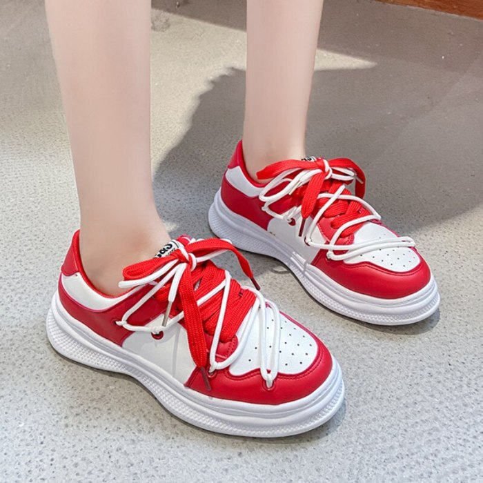 New PU Leather Breathable Sneakers Women Casual Shoes Chaussure Femme Fashion Round Toe Lace-up Flats Sneaker