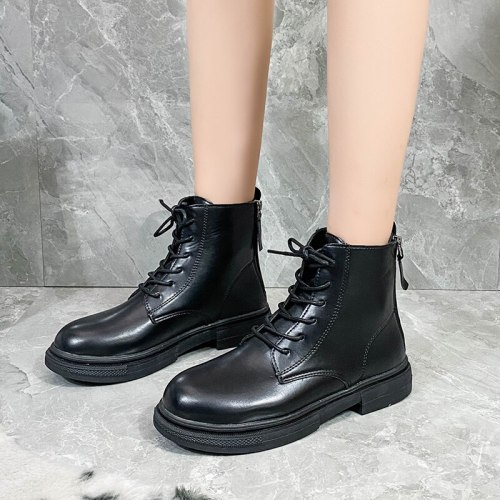 2021 Women's Lace Up Combat Boot With Zip Ankle Boots Booties Pu Leather Black Platform Thick Heels Fashion Autumn Winter Boots