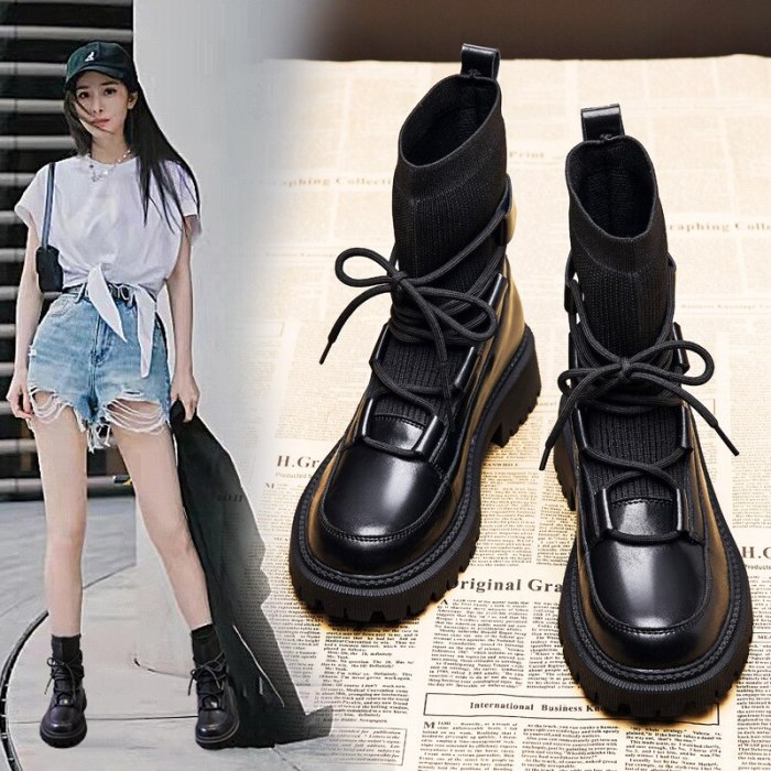 Genuine Leather Sock Boots Women Heels Black Platform Shoes Woman Booties Ankle Boots Female Designer Shoes for Women 2021 New