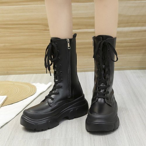 2021 New Thick Wedge Heel Winter Knight Boot Women's Knee-length Long Non-slip Retro Thick Motorcycle Boots Black Platform Boots