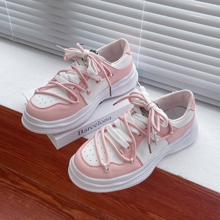 New PU Leather Breathable Sneakers Women Casual Shoes Chaussure Femme Fashion Round Toe Lace-up Flats Sneaker