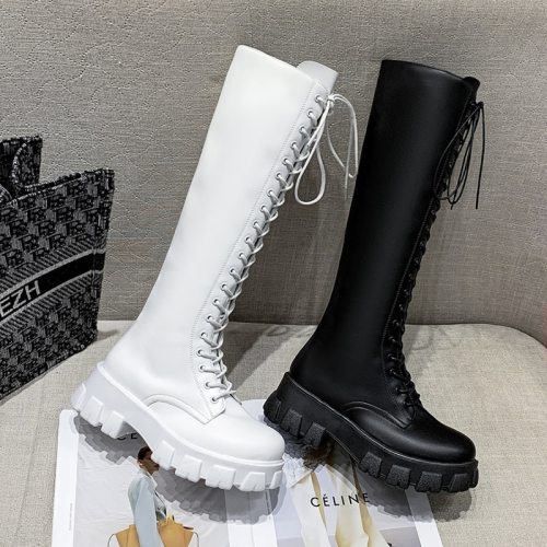 2021 Autumn Women Combat High Boots White Leather Warm Ankle Boots Chucky Platform Gothic Shoes Winter Knee High Boots