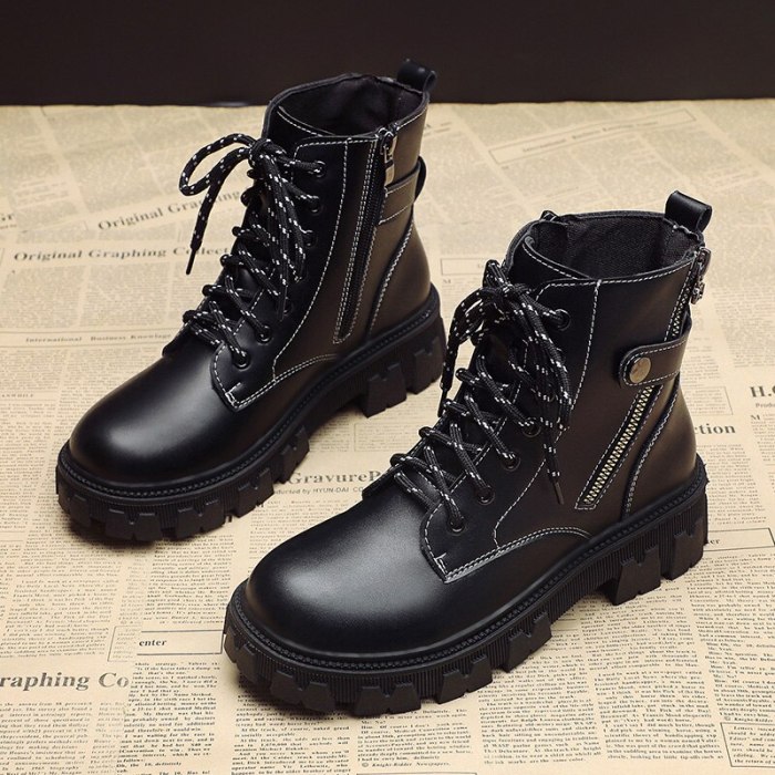 Women Platform Ankle Lace-up PU Leather Non Slip Boots
