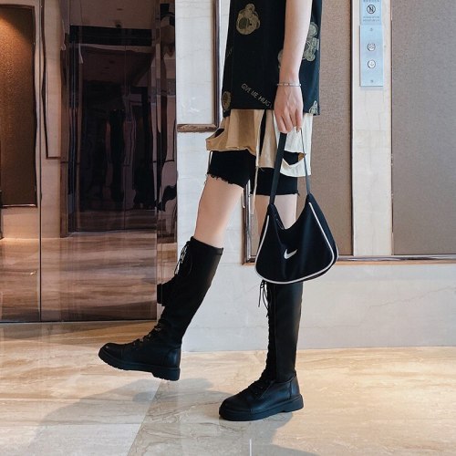 2021 Winter Over the Knee Boots Women's Black Gothic Thermal Lace-up Plush Boots Square Heel Leather Knee-high Combat Boots