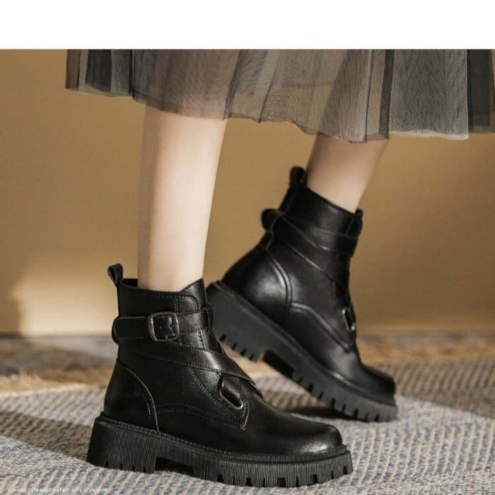 2021 Autumn New Round Head Punk Women's Ankle Boots Patent Leather Fashion Platform Buckle Thick Heel Women's Motorcycle Boots