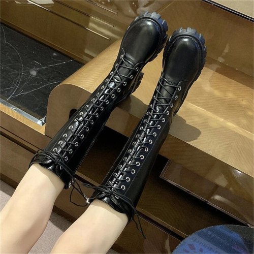 2021 New Autumn Leather Women Knee High Boots Motorcycle Round Toe Zip Footwear Square Heels Female Riding Boot Woman Long Boots