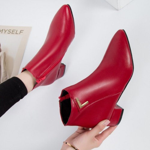 2021Fashion Women Boots Casual Leather Low High Heels Spring Shoes Woman Pointed Toe Rubber Ankle Boots Black Red Zapatos Mujer