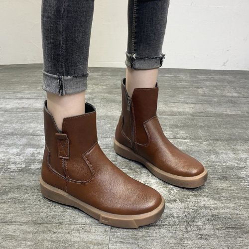 Brown Leather Shoes For Girls Chelsea Boots Women Autumn Winter Plush Shoes Women's Thick Sole Black Mid-calf Boots Big Size