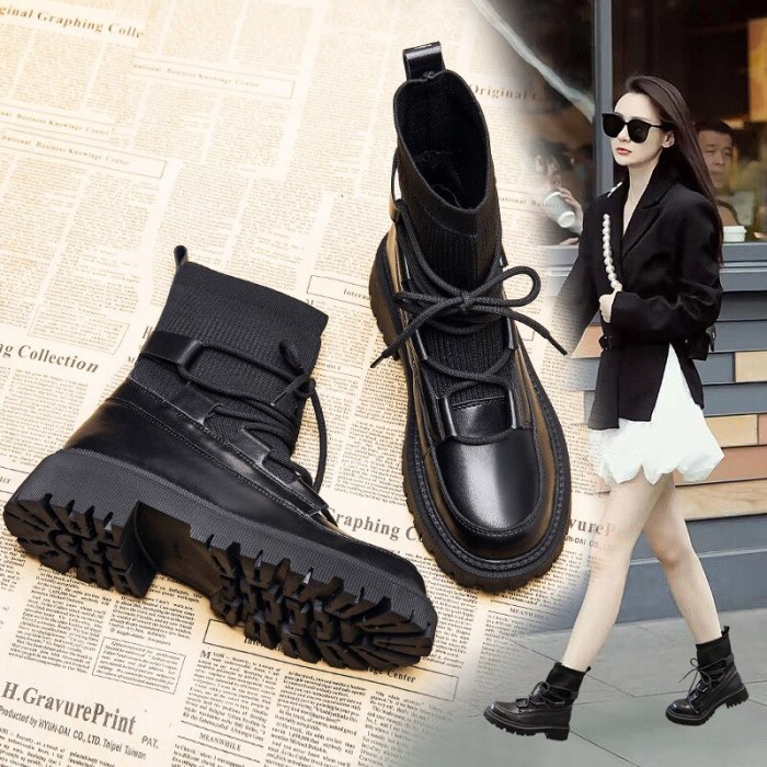 Genuine Leather Sock Boots Women Heels Black Platform Shoes Woman Booties Ankle Boots Female Designer Shoes for Women 2021 New