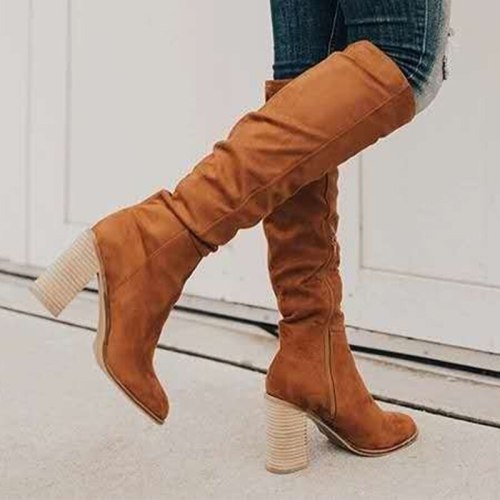 Winter Women Boots Flock Knee-High Boots Block Heels Square Toe Ladies Shoes Fashion Zipper Fleeces Women Footwear 2021