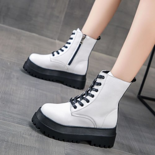 2021 White Color Soft PU Leather Ankle Boots Women Platform Motorcycle Booties Female Autumn Winter Shoes Woman Goth Short Boots