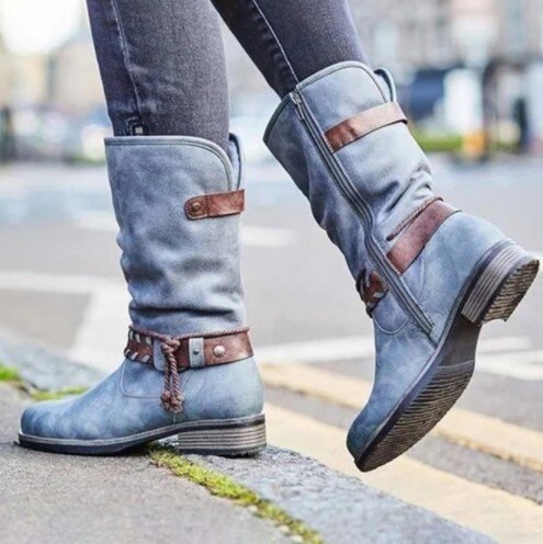 Womens Boots Retro Buckle Leather Boots Handmade PU Leather Mid-calf Booties Women High Cowboy Boots Fashion Casual Shoes