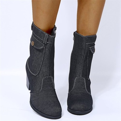 Women Boots Large Size Ladies Fashion Autumn Winter Casual Square High Heel Shoes Denim Mid-Tube Comfortable Warm Ankle Boots