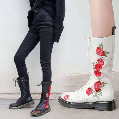 Women's Leather Rose Embroidery Mid-calf Boots