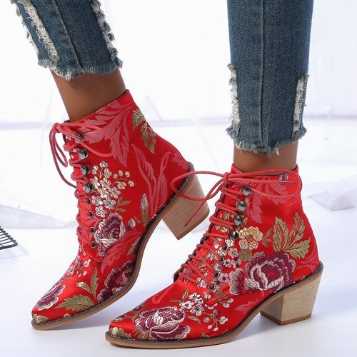 Women Luxury Silk Embroider Lace Up Ankle Boots