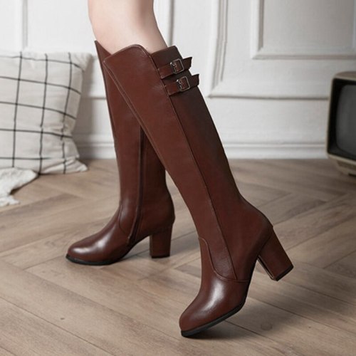 Classic Women Buckle High Heels Solid Mid Calf Shoes Women Dress Party Casual Boots Fashion Winter Boots  Knee High Boots 2021