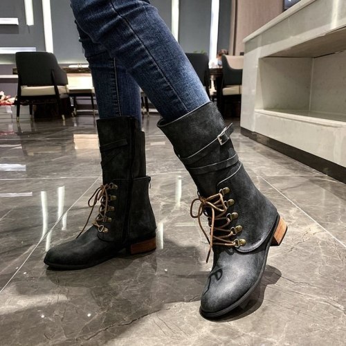 Women Boots Shoes For Woman Lace Up And Buckle Fashion Round Toe Zip 3cm Heel Basic Botas Mujer Size