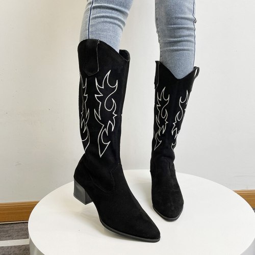 Western Cowboy Boots For Women Pointed Toe Women Shoes Brand Embossing Suede Leather Shoes Mid-Calf Chunky Wedges Boot