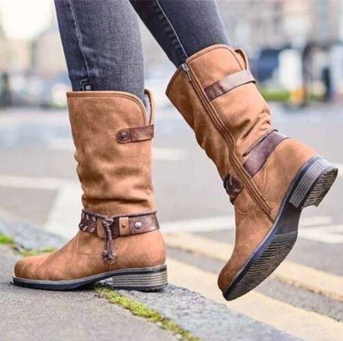 Womens Boots Retro Buckle Leather Boots Handmade PU Leather Mid-calf Booties Women High Cowboy Boots Fashion Casual Shoes