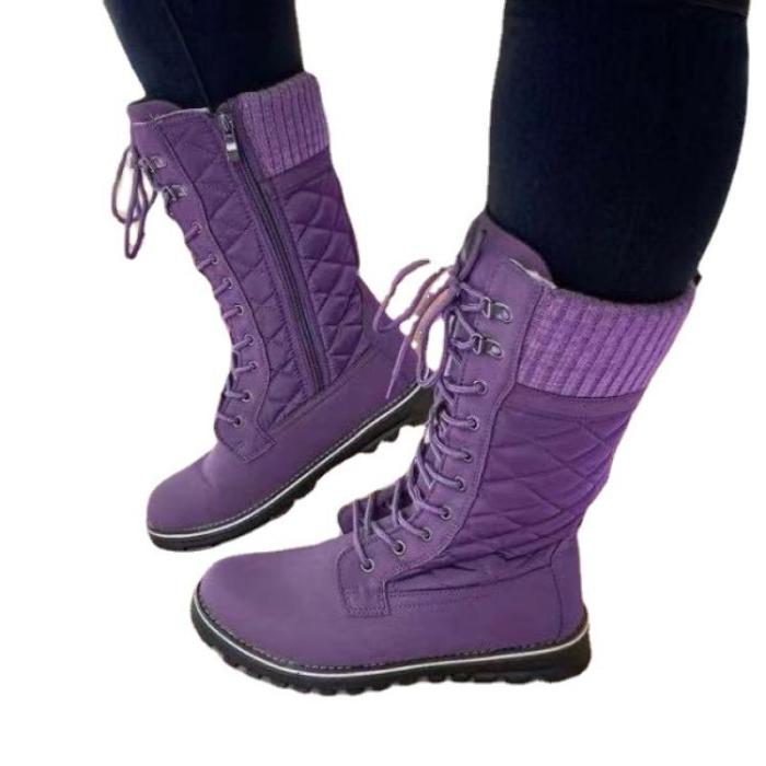 Winter Warm Boots Rivet Knight Casual Shoes Side Zipper Boots Outdoor Non-Slip Tall Tube Boots Knitted Patchwork Ladies Shoes