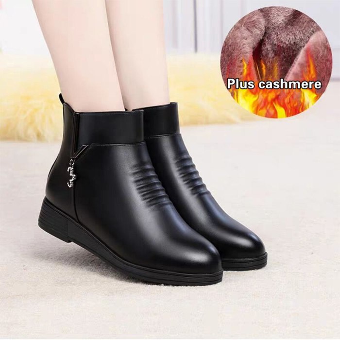Black Wedge Womens Winter Boots Non-slip Warm Fur Ankle Boots Women Cheap Leather Boots For Mother Winter Shoes Famale