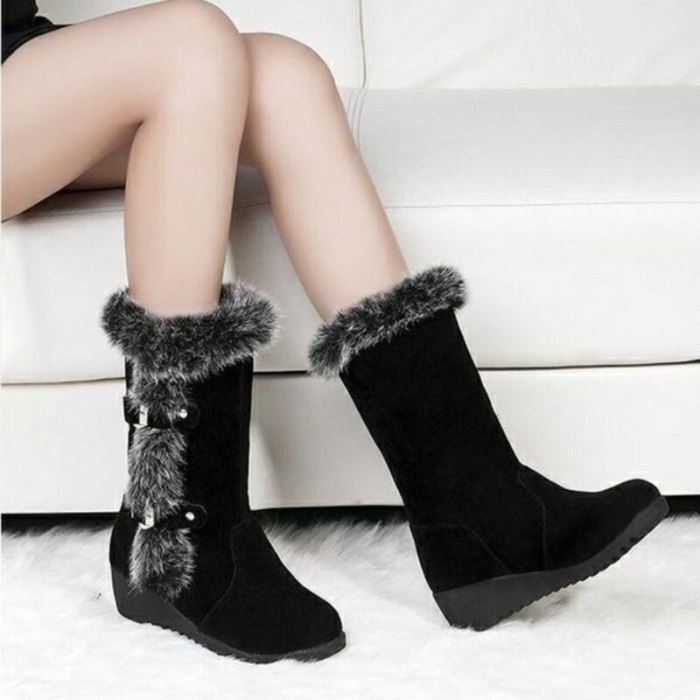 New Winter Women Boots Casual Warm Fur Mid-Calf Boots shoes Women Slip-On Round Toe wedges Snow Boots shoes Muje Plus size