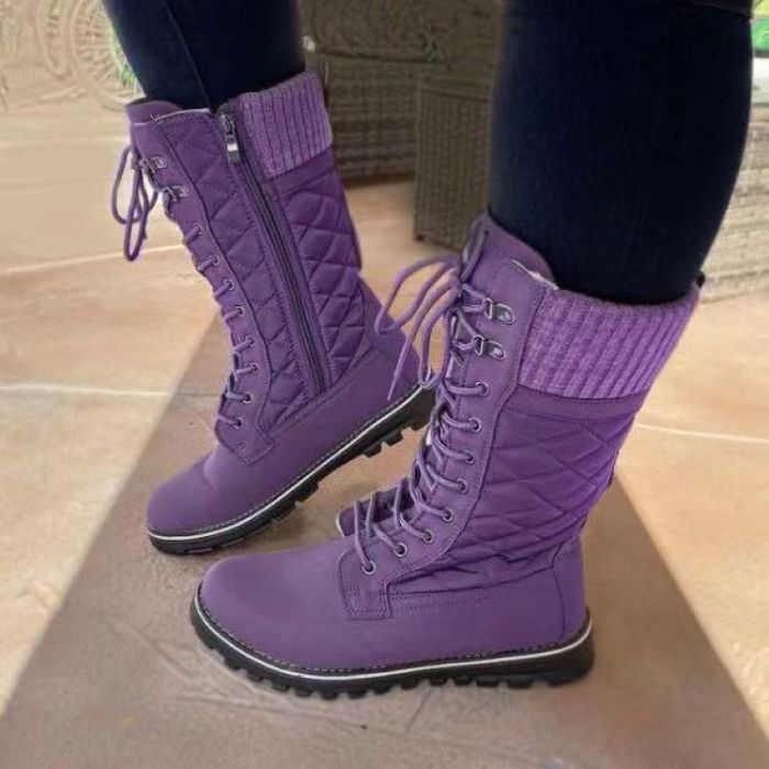 Winter Warm Boots Rivet Knight Casual Shoes Side Zipper Boots Outdoor Non-Slip Tall Tube Boots Knitted Patchwork Ladies Shoes