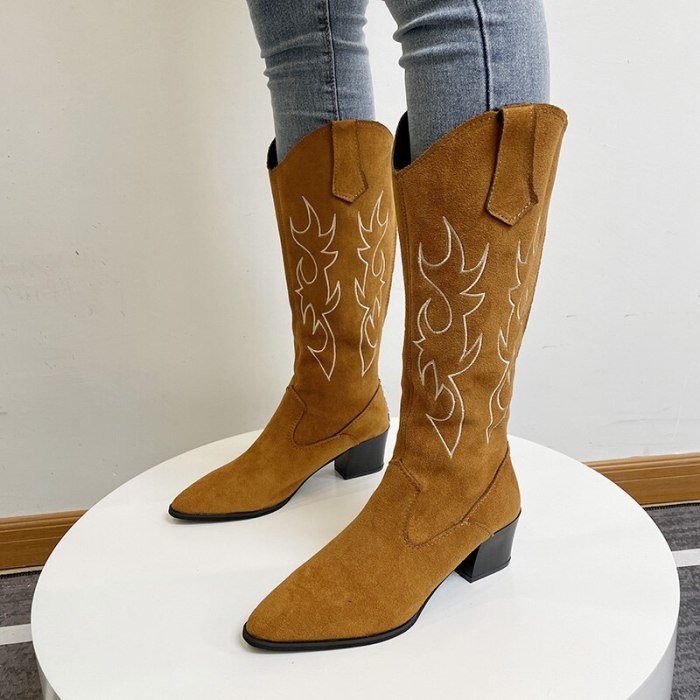 Western Cowboy Boots For Women Pointed Toe Women Shoes Brand Embossing Suede Leather Shoes Mid-Calf Chunky Wedges Boot