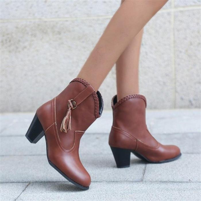 Women's Fashion All-match Solid Buckle Fringed Heeled Boots