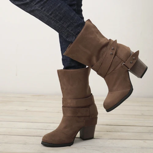Autumn Winter Women Boots Fashion Casual Ladies Shoes Martin Boots Suede Leather Buckle Boots High Heeled Buckle Snow Boots