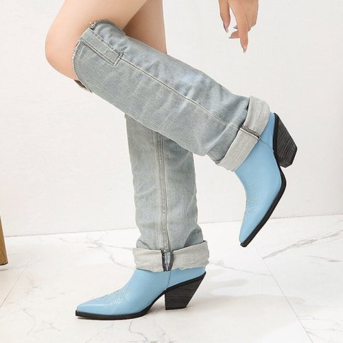 2021 Autumn Winter New Knight Boots Pointed Toe Thick High Heel Knee High Boots Fashion Female Leather Stitch Shoes Size 35-40