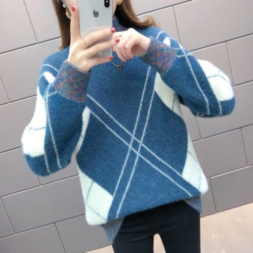 Thick Women Sweater Winter Turtleneck Pullover Knitted Sweater Loose Warm Fashion Plaid Jumper Casual Oversize Female Tops