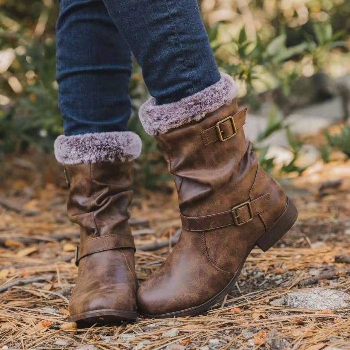 Casual Winter Plush Warm Women's Boots Outdoor Casual Personality Low-heel Mid-nude Boots Boots Female Women Shoes Fashion