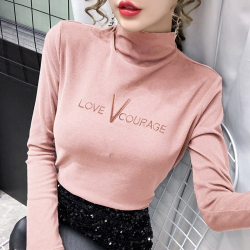 Warm Thick Winter Women Velvet Shirt Long Sleeve Turtleneck Solid Female Letter Embroidery Slim Pullovers Jumper 2021