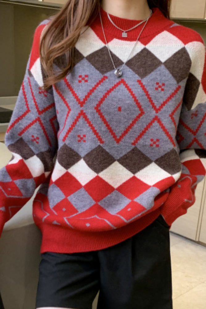 Women's Vintage O-Neck Geometric Printed Sweaters