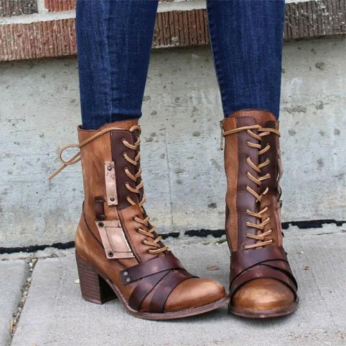 2021 New Women's Shoes Fashion Personality and Elegant Contrast Color PU Stitching Rivet Lace High Heel Fashion Boots