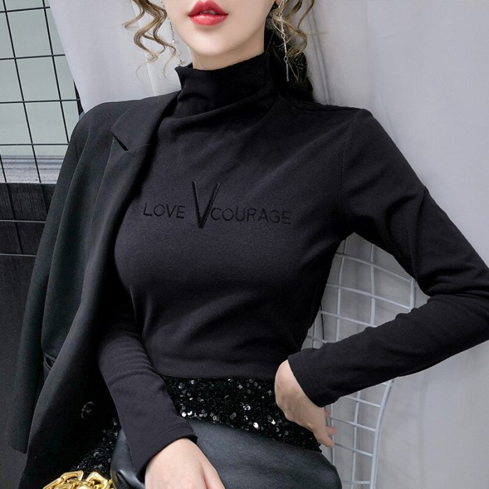 Warm Thick Winter Women Velvet Shirt Long Sleeve Turtleneck Solid Female Letter Embroidery Slim Pullovers Jumper 2021