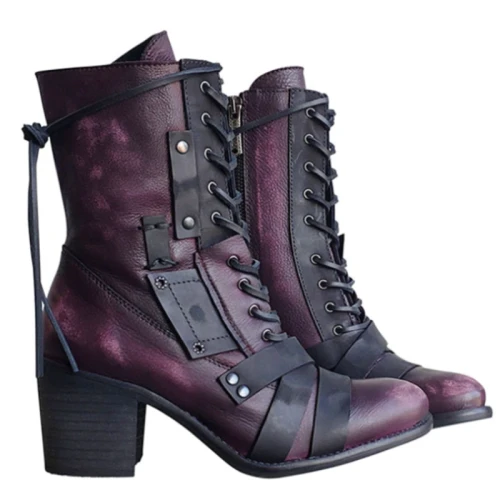 2021 New Women's Shoes Fashion Personality and Elegant Contrast Color PU Stitching Rivet Lace High Heel Fashion Boots