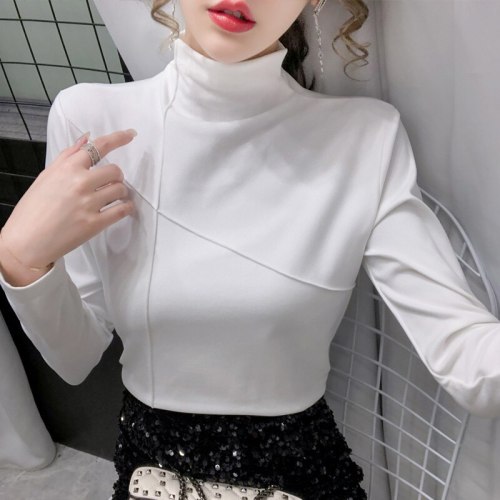 2021 Thick Warm T Shirt Korean Style Slim T-shirts Tshirts Cotton Long Sleeve Winter Tops Tee Shirt Femme Autumn White Black