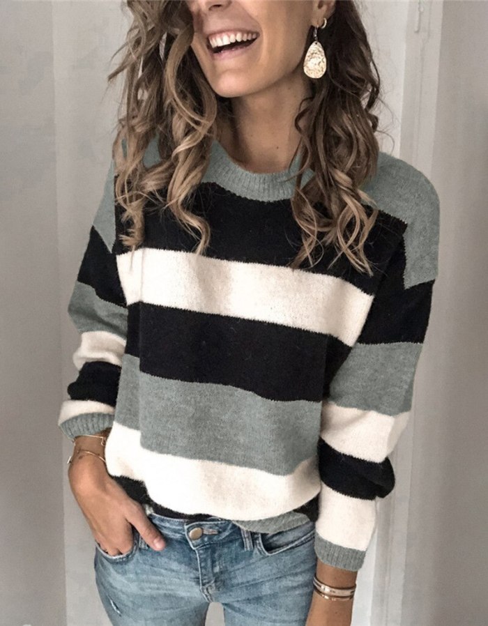 Women Color Block Round Neck Striped Sweaters