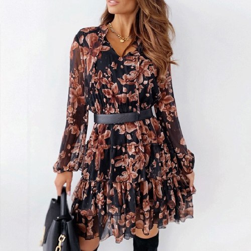 Summer V Neck Floral Print Women Loose Dress Casual Long Sleeve Cascading Ruffle Dress Elegant Lady Colorful Party Holiday Dress