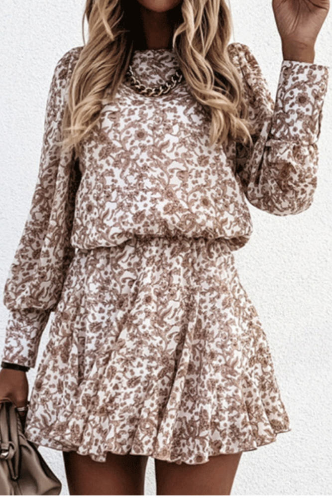 Simple Brown Flower Print Vinatge Dress Women‘s Long Sleeve Street Wear Autumn Winter  Dress Casual Office Lady Clothes