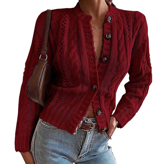 Elegant Elegant Solid Hollow Out Coats Women Fashion Twist Tops Cardigan Autumn Winter Casual Long Sleeved Sweaters Knit Sweater