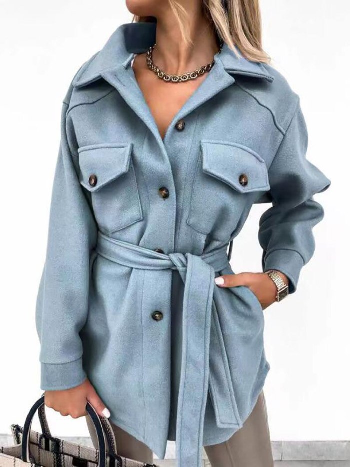 Winter Thickened Woolen Cloth Shirt Women Lapel Button Lace Up Pocket Cardigan Coat 2021 Fashion Street Large Size Blouse Tops